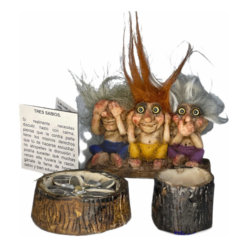 Troll 3 Sabios 6cm + Comedero + Semillas + Tarjetita Variado by HEREJE