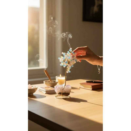 Arbol De La Vida En Cristal Con Base De Cuarzo, 14 Cm Altura Azul-amarillo-rosa