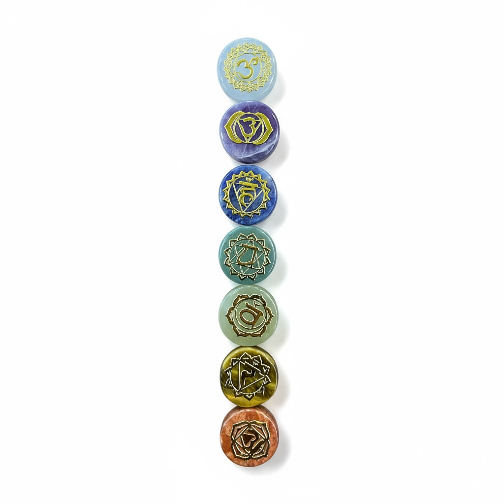 7 Chakras De Cuarzo Grabado En Oro Laminado 1.8 Cm 4.572 Cm by HEREJE