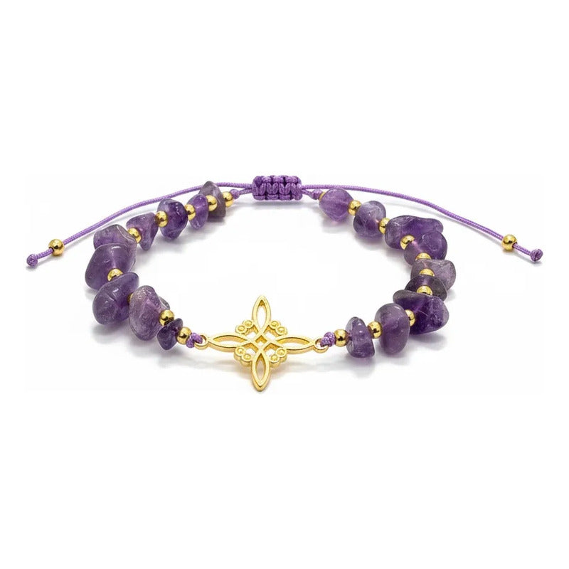 Pulsera De Cuarzo Separaciones De Metal En Hilo Ajustable Nudo Amatista 17 Cm by HEREJE