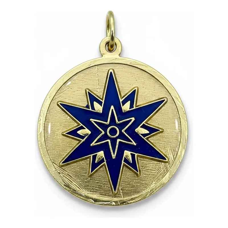 Dije Medalla Estrella 12 Puntas Amuleto Oro 12 Picos 30mm Azul