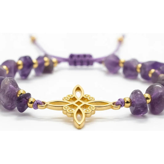 Pulsera De Cuarzo Separaciones De Metal En Hilo Ajustable Nudo Amatista 17 Cm by HEREJE