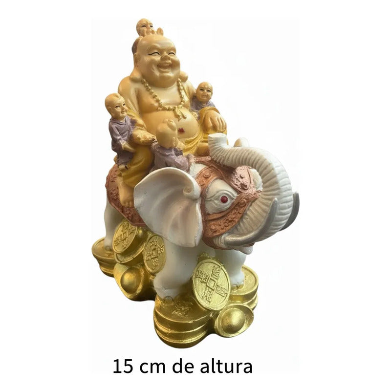 Buda Sonriente Con Elefante Y Monedas 15 Cm Blanco by HEREJE
