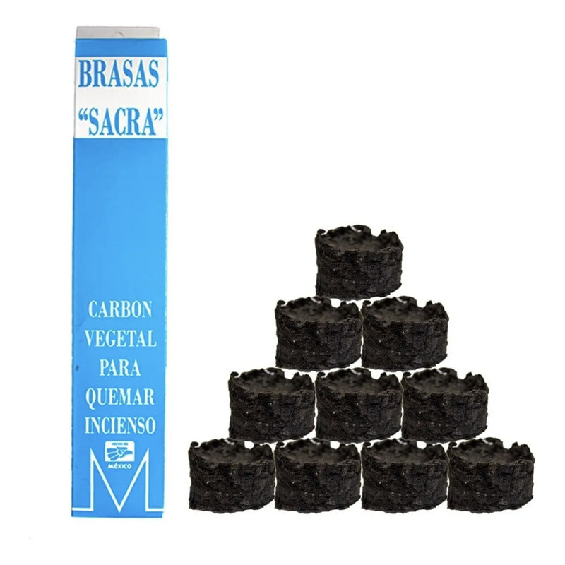 Caja azul de carbón vegetal para quemar incienso con piezas redondas apiladas.