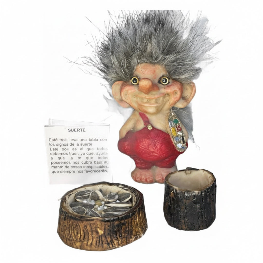 Troll Talisman + Comedero + Semillas + Tarjeta 9cm Alto Rojo by HEREJE