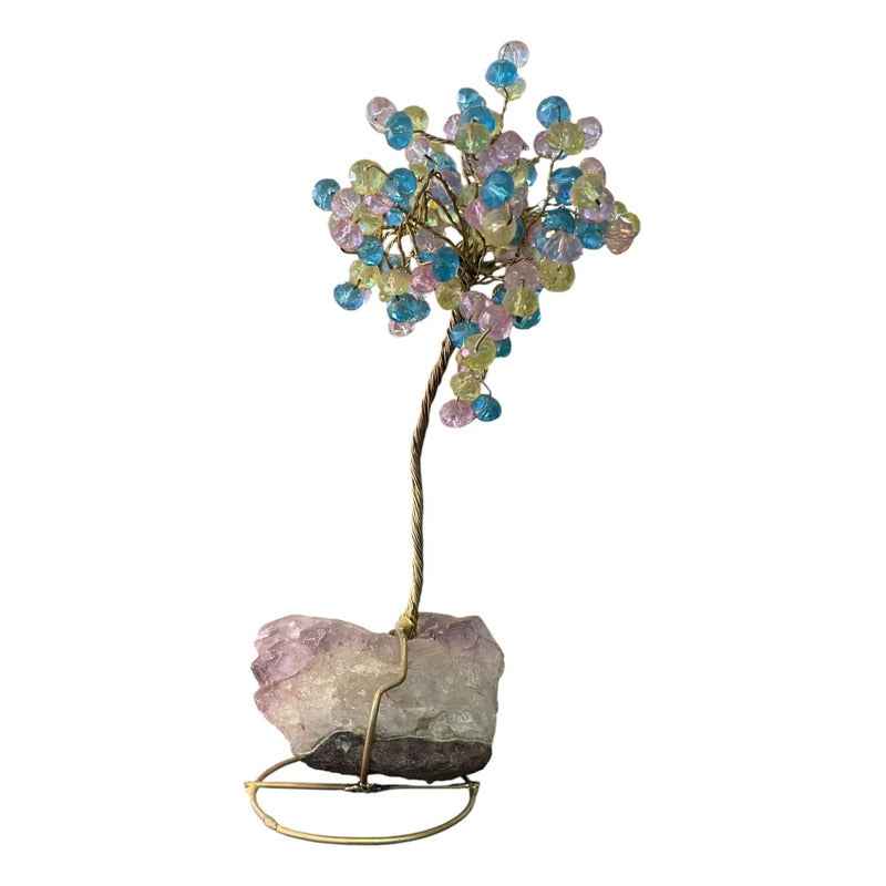 Arbol De La Vida En Cristal Con Base De Cuarzo, 14 Cm Altura Azul-amarillo-rosa