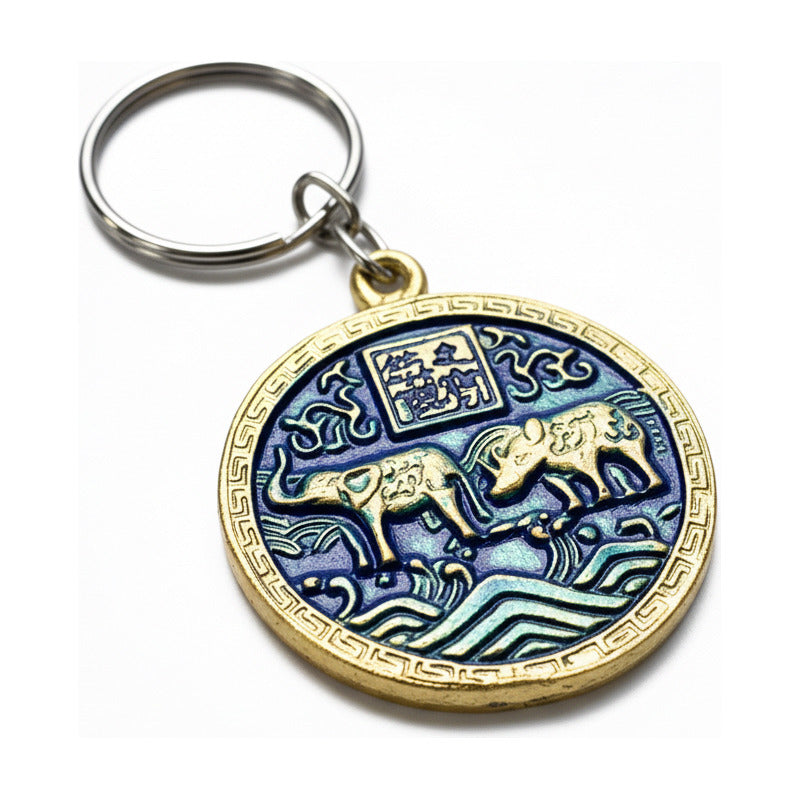 Llavero Feng Shui Elefante Y Rinoceronte Metal Hereje Azul by HEREJE