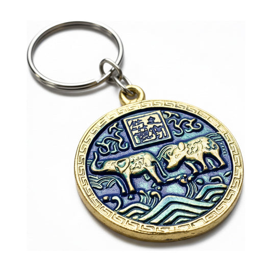 Llavero Feng Shui Elefante Y Rinoceronte Metal Hereje Azul by HEREJE