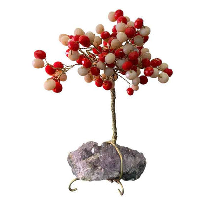 Arbol De La Vida En Cristal Con Base De Cuarzo, 14 Cm Altura Rojo/blanco
