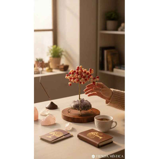 Arbol De La Vida En Cristal Con Base De Cuarzo, 14 Cm Altura Rojo/blanco
