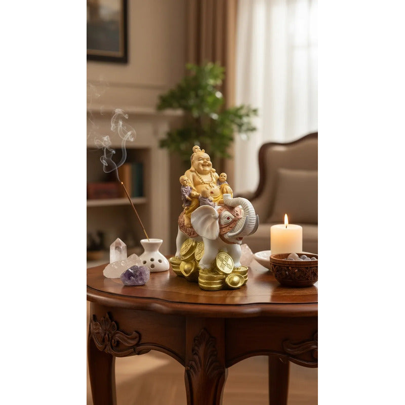 Buda Sonriente Con Elefante Y Monedas 15 Cm Blanco by HEREJE