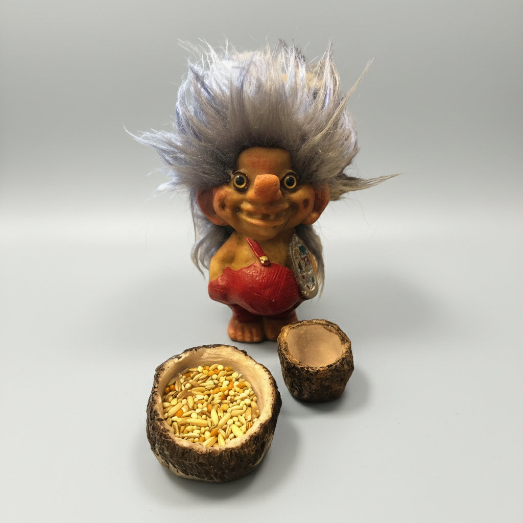 Troll Talisman + Comedero + Semillas + Tarjeta 9cm Alto Rojo by HEREJE