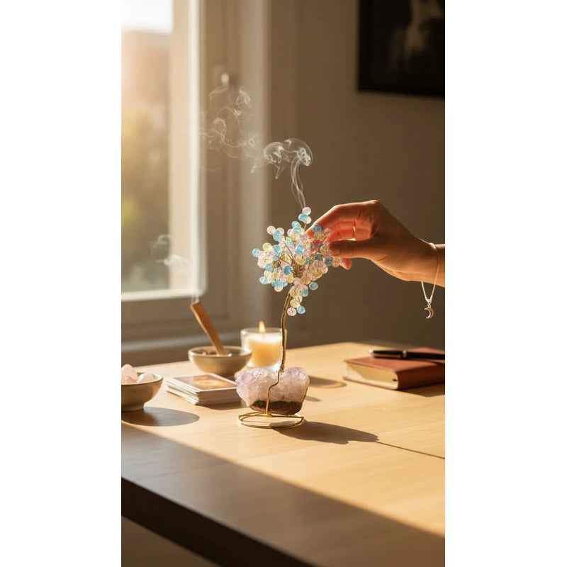 Arbol De La Vida En Cristal Con Base De Cuarzo, 14 Cm Altura Azul-amarillo-rosa