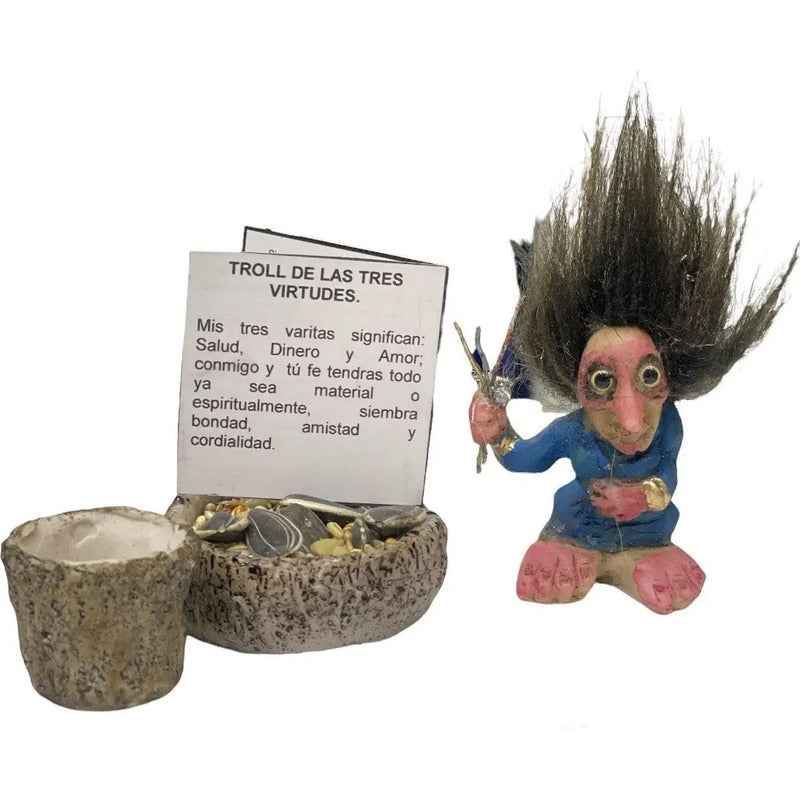 Troll Mini + Comedero + Semillas + Tarjeta Varios Modelos Tres Virtudes 5cm