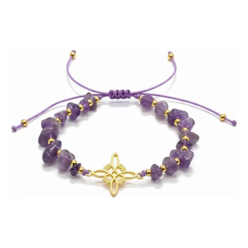 Pulsera De Cuarzo Separaciones De Metal En Hilo Ajustable Nudo Amatista 17 Cm by HEREJE