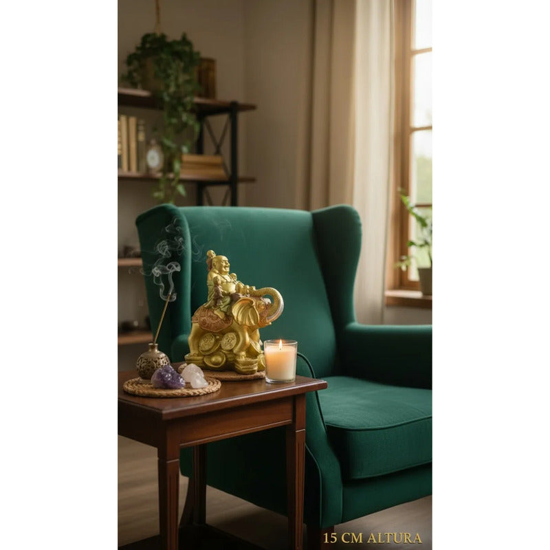 Buda Sonriente Con Elefante Y Monedas 15 Cm Dorado by HEREJE