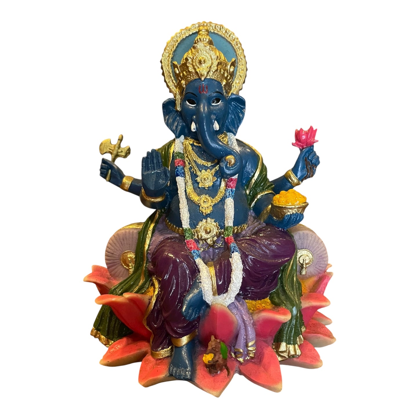 Ganesh Flor De Loto Figura En Resina Nacional 19 Cm Pintado by HEREJE