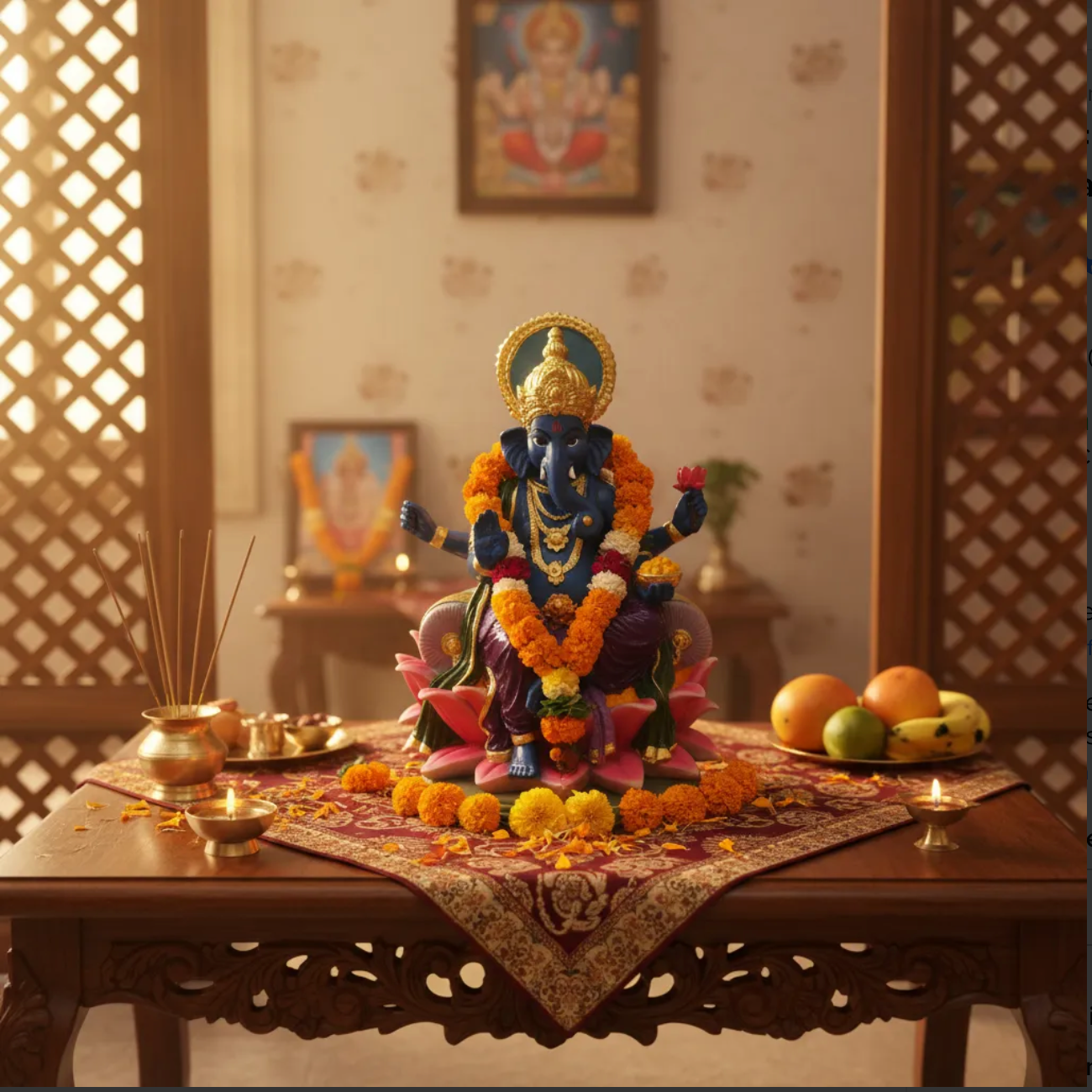 Ganesh Flor De Loto Figura En Resina Nacional 19 Cm Pintado by HEREJE