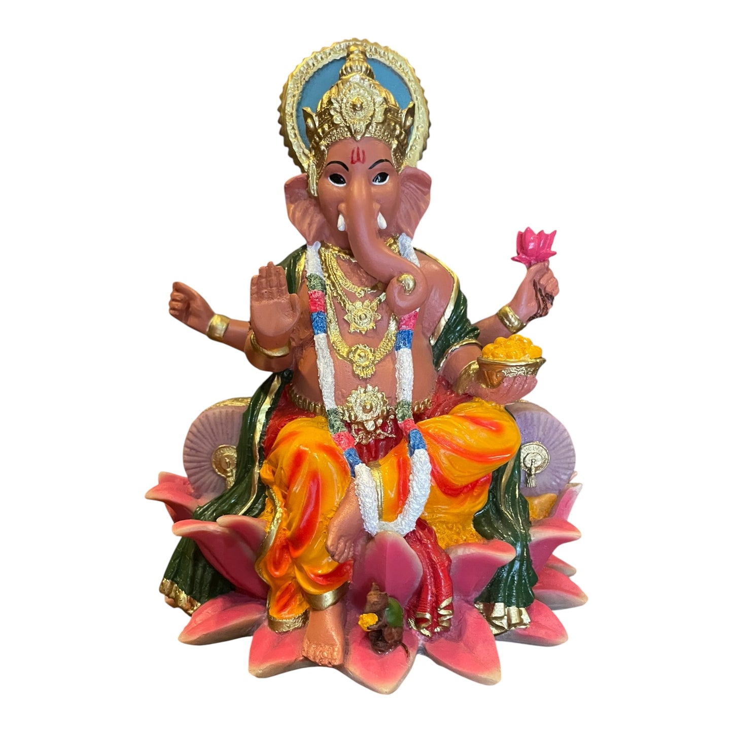 Ganesh Flor De Loto Figura En Resina Nacional 19 Cm Pintado by HEREJE