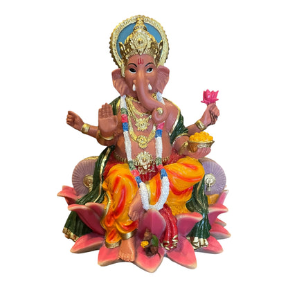 Ganesh Flor De Loto Figura En Resina Nacional 19 Cm Pintado by HEREJE