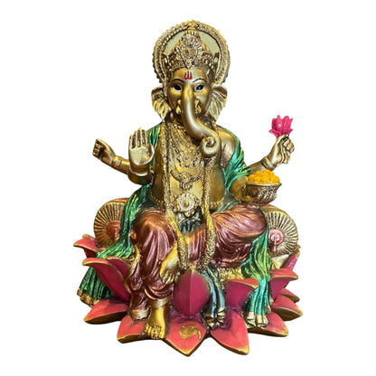 Ganesh Flor De Loto Figura En Resina Nacional 19 Cm Pintado by HEREJE
